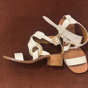 Chloé White Leather Block Heel Sandals w/ Gold Ring Details